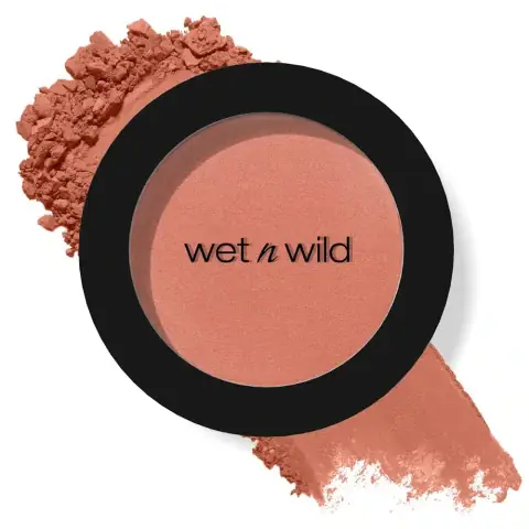 Wet n Wild Color Icon Blush in Mellow Wine, closed black compact with clear lid displaying product.