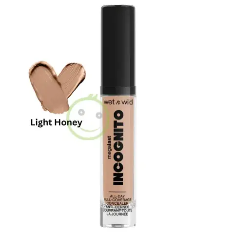 Wet N Wild Mega Last Incognito Concealer in Light Honey, upright sleek tube with black cap.
