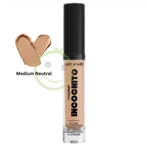 Wet N Wild Mega Last Incognito Concealer tube in medium neutral, showcasing all-day full coverage.