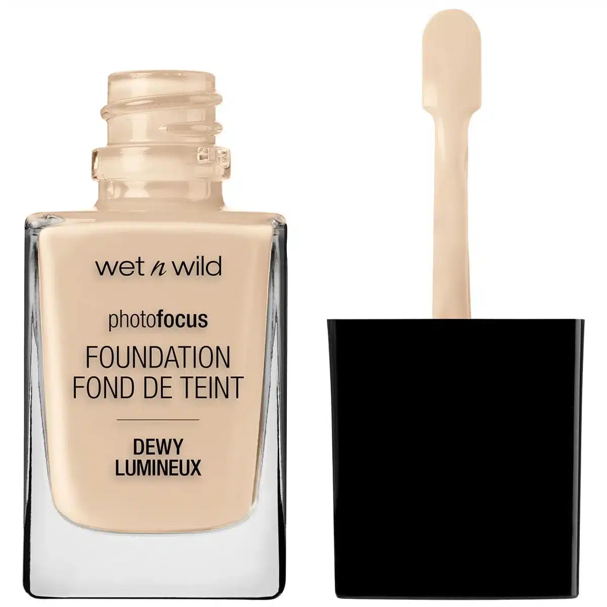 Wet N Wild PhotoFocus Dewy Foundation Soft Ivory clear glass bottle with a white pump dispenser. - thumbnail