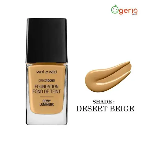 Full bottle of Wet N Wild Photo Focus Dewy Foundation in Desert Beige with black pump cap.