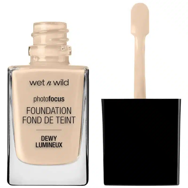 Wet N Wild Photo Focus Dewy Foundation Nude Ivory, clear glass bottle with black pump cap. - thumbnail