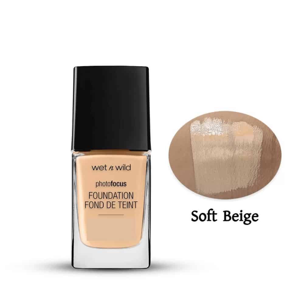 Wet N Wild Photo Focus Dewy Foundation in Soft Beige, clear bottle with black pump. - thumbnail