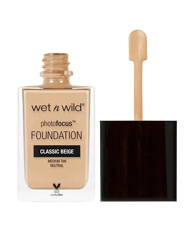 Wet N Wild Photo Focus Matte Foundation Classic Beige bottle, front view with black pump applicator. - thumbnail