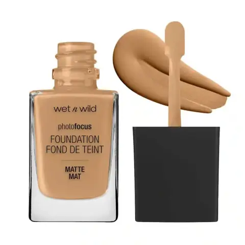 Wet N Wild Photo Focus Matte Foundation Desert Beige, clear bottle with black pump dispenser.