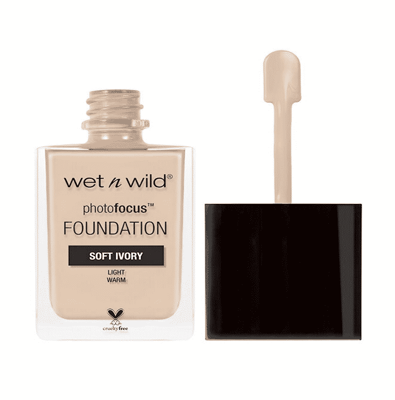 Wet N Wild Photo Focus Matte Foundation, Soft Ivory shade, clear glass bottle, black pump top. - thumbnail