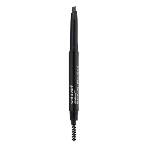 Wet n Wild Ret retractable Brow Pencil in dark brown, with extended tip and spoolie brush visible.