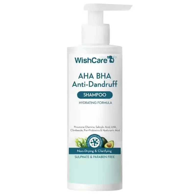 WishCare AHA BHA Anti-Dandruff Shampoo 250ml bottle, vibrant green, standing upright with white cap. - thumbnail