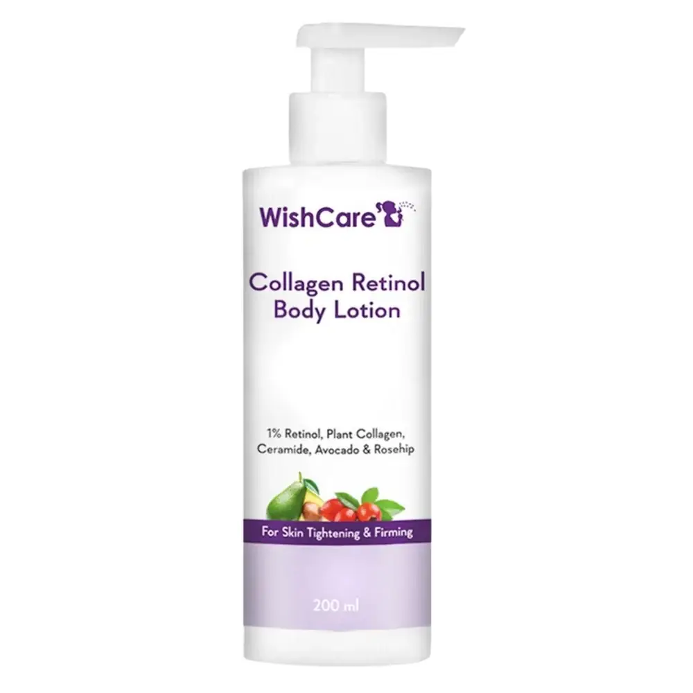WishCare Collagen Retinol Body Lotion 200ml upright, white pump bottle with clear front label. - thumbnail