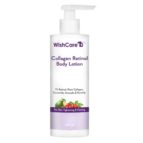 WishCare Collagen Retinol Body Lotion 200ml upright, white pump bottle with clear front label.