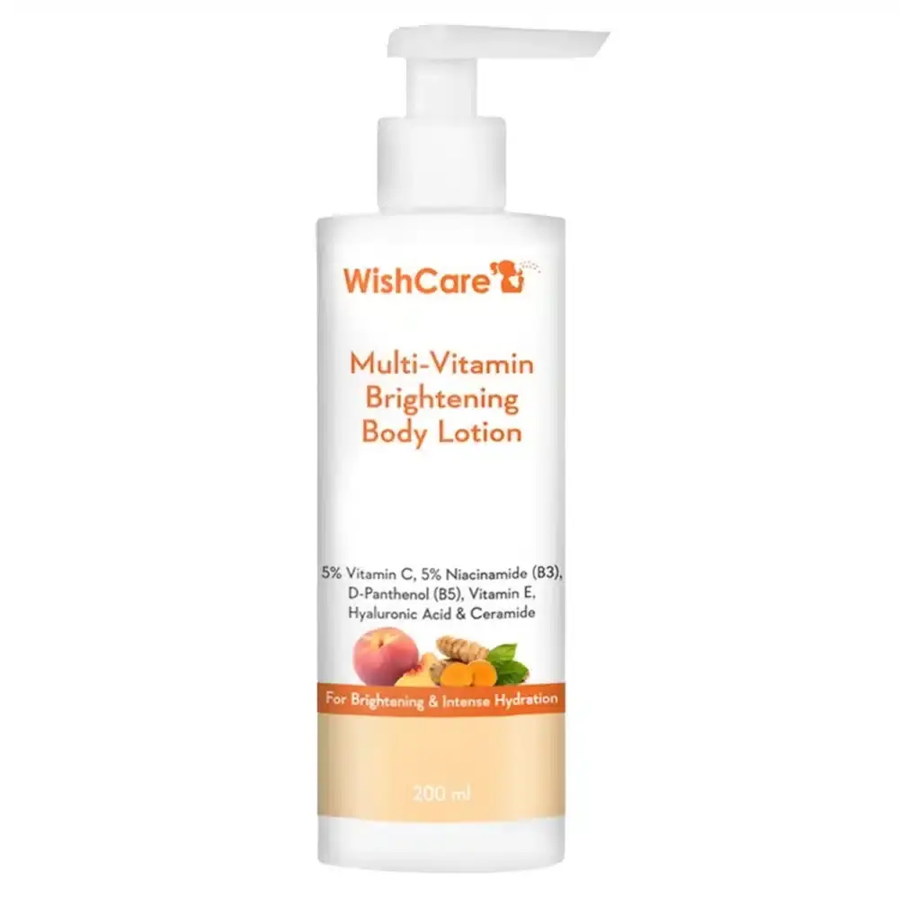 WishCare Multi-Vitamin Brightening Body Lotion 200ml white bottle with pump, front view. - thumbnail