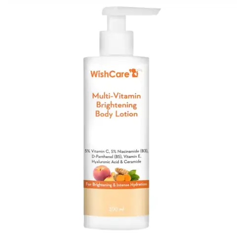 WishCare Multi-Vitamin Brightening Body Lotion 200ml white bottle with pump, front view.
