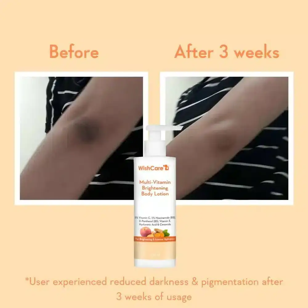 Close-up of WishCare Brightening Body Lotion pump dispenser with a dollop of creamy product. - thumbnail