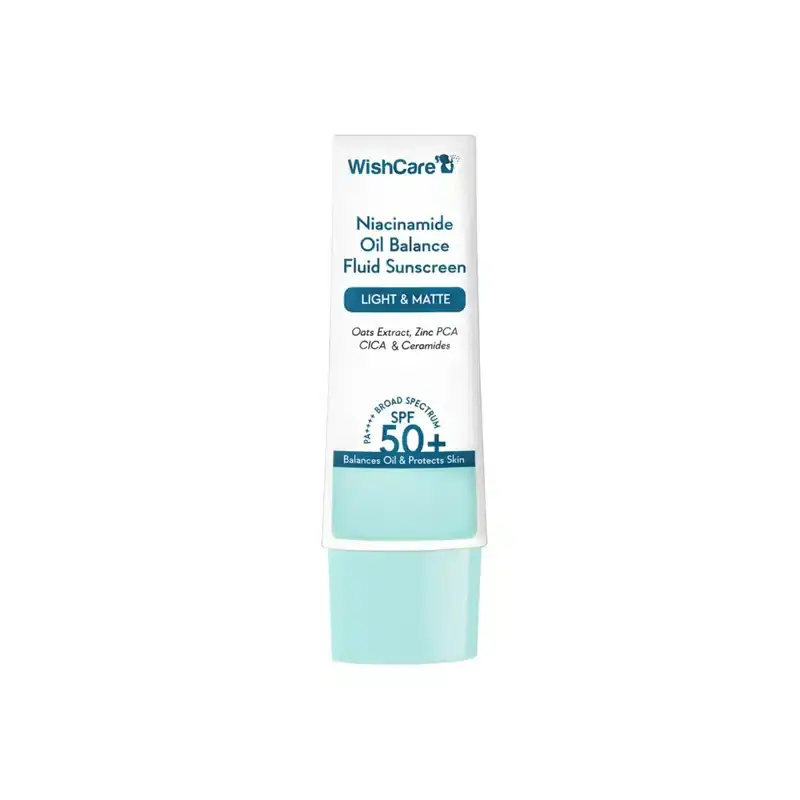 WishCare Niacinamide Oil Balance Fluid Sunscreen SPF 50 bottle and outer carton, front view. - thumbnail