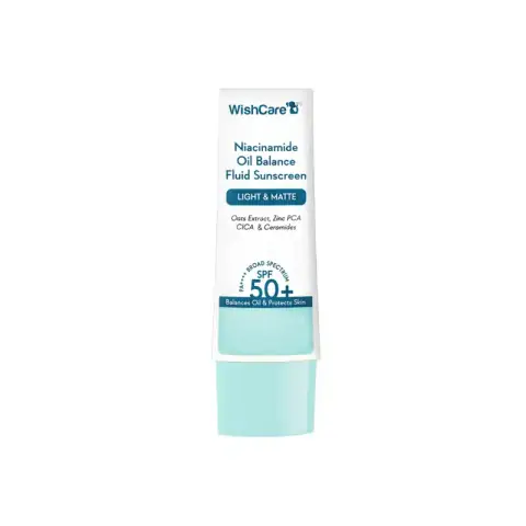 WishCare Niacinamide Oil Balance Fluid Sunscreen SPF 50 bottle and outer carton, front view.