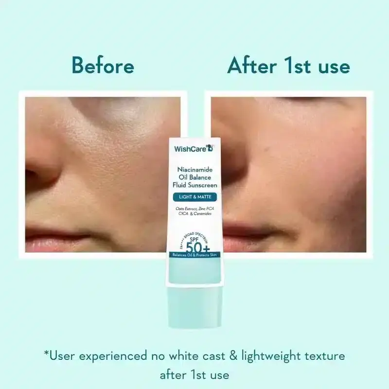 Swatch of WishCare Niacinamide Sunscreen fluid on skin, demonstrating its lightweight texture. - thumbnail