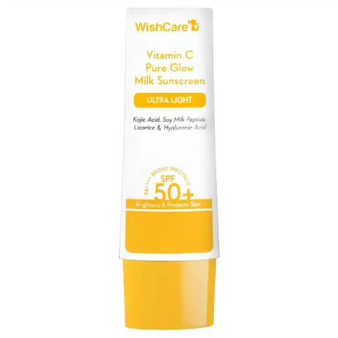 WishCare Vitamin C Pure Glow Milk Sunscreen SPF 50 PA++++ bottle, clearly displayed on a white background.