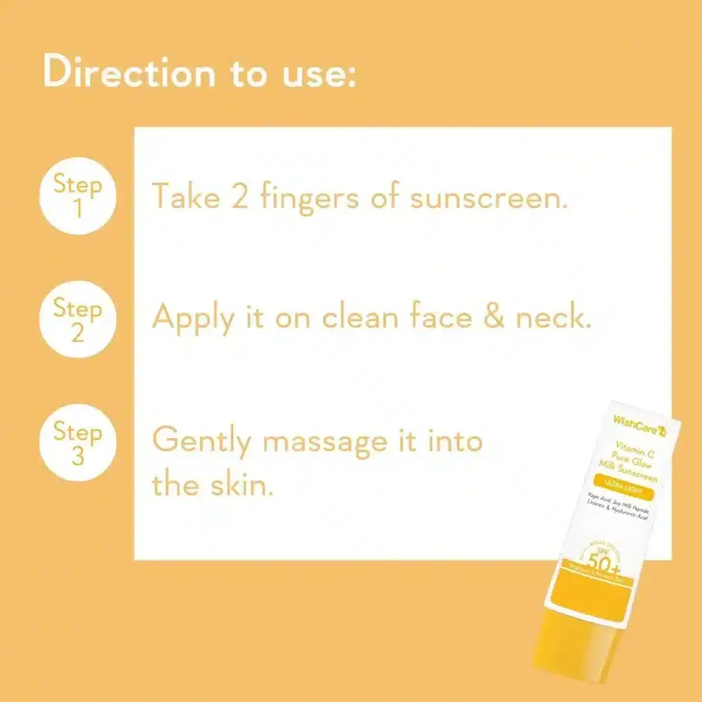 Angled view of WishCare Vitamin C Milk Sunscreen bottle, highlighting the orange cap and branding. - thumbnail