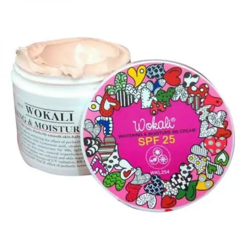 Wokali Whitening & Moisture BB Cream in a white tube with pink accents and a shiny silver cap.