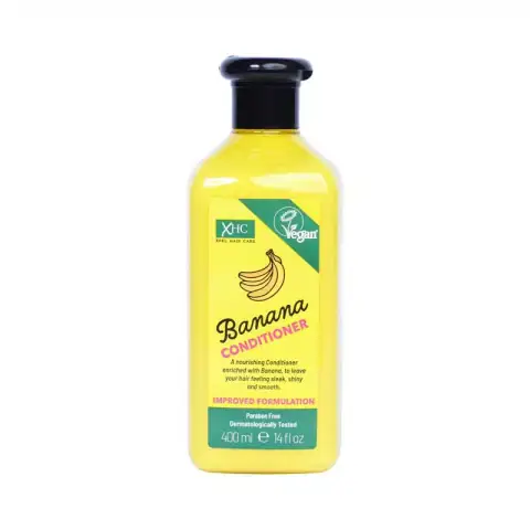 XPEL XHC Banana Conditioner: bright yellow 400ml bottle with white flip-top cap, standing upright.