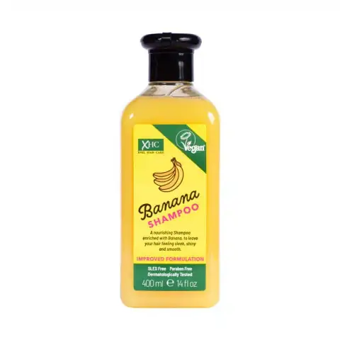 XPEL XHC Banana Shampoo 400ml, vibrant yellow bottle with white cap, front view.