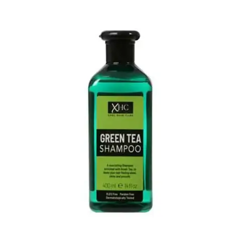 XPEL Green Tea Shampoo 400ml in a dark green bottle with clear front label, upright.