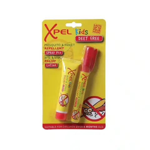 XPEL Kids blue mosquito repellent spray pen and yellow bite sting relief lotion twin set.