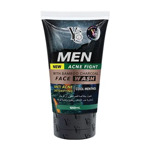 Yc Products black tube of YC Acne Fight bamboo charcoal face wash for men, 100ml.