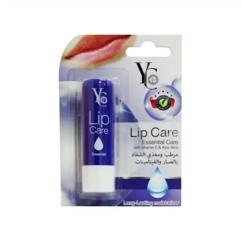 YC Products Lip Care Vitamin E & Aloe Vera stick, white and green packaging, front view.