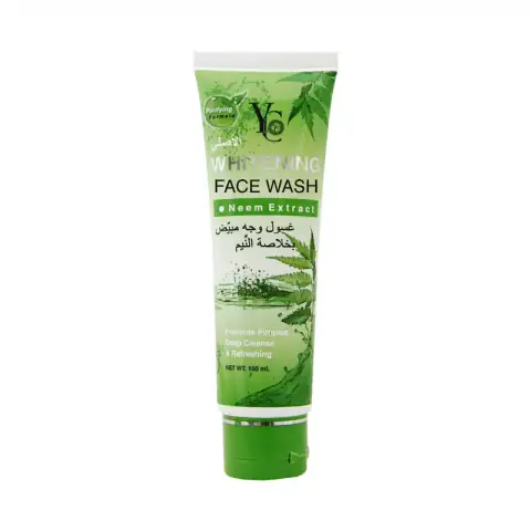 White Yc Products Neem Whitening Face Wash tube with green cap, featuring neem leaf graphic.