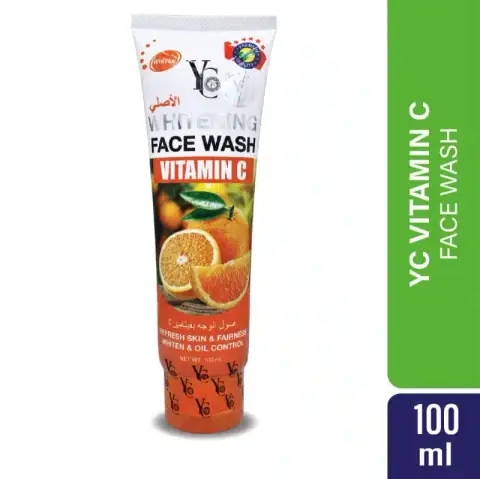 Yc Products Vitamin C Face Wash 100ml, white tube with orange cap, for brighter skin.