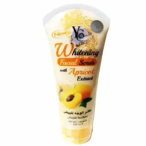 YC Whitening Facial Scrub with Apricot Extract in a yellow and white tube, standing upright.