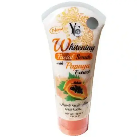 Yc Products Whitening Facial Scrub with papaya extract in white tube, orange cap, full view.
