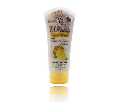 Yc Whitening Facial Scrub tube featuring lemon and honey extract graphics, with green flip cap.