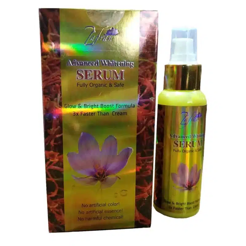 Zafran Advanced Whitening Serum gold bottle with white pump dispenser, showing front label details clearly. - thumbnail
