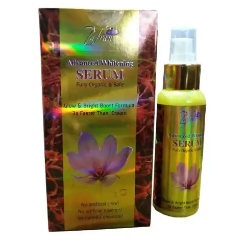 Zafran Advanced Whitening Serum gold bottle with white pump dispenser, showing front label details clearly.