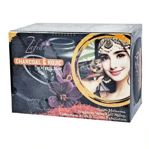 Zafran Charcoal & Kojic Glycerin Soap, 100gm black and gold retail box standing upright.