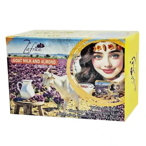 Zafran Goat Milk and Almond Glycerin Soap 100gm in white-yellow packaging, translucent amber bar inside.