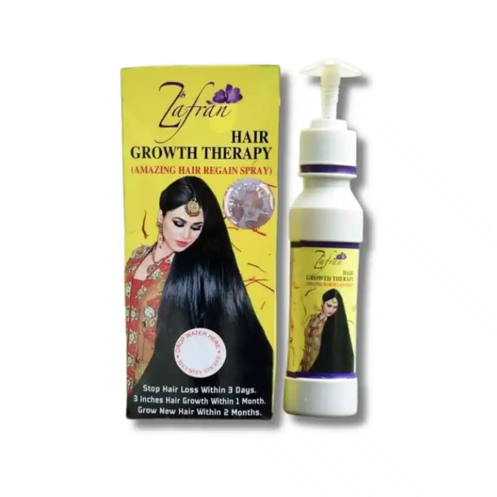 Zafran Hair Growth Therapy oil in a transparent glass bottle with a golden cap, 150ml size. - thumbnail