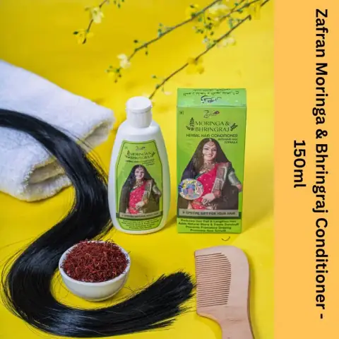 Zafran Moringa & Bhringraj Conditioner 150ml, green bottle with dark flip-top cap, angled view.