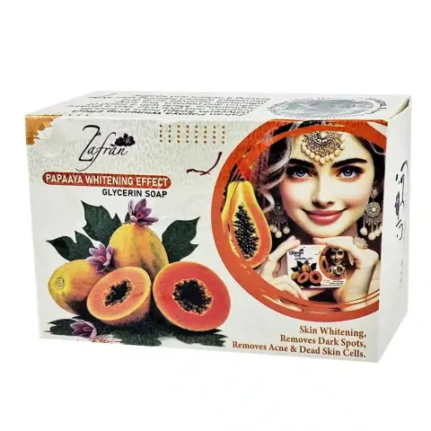 Translucent orange Zafran Papaya Whitening Effect Glycerin Soap bar, 100gm, with branding clearly visible.