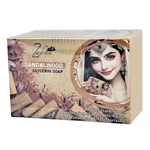 Zafran Sandalwood Glycerin Soap 100gm box, light brown and white packaging, front view.