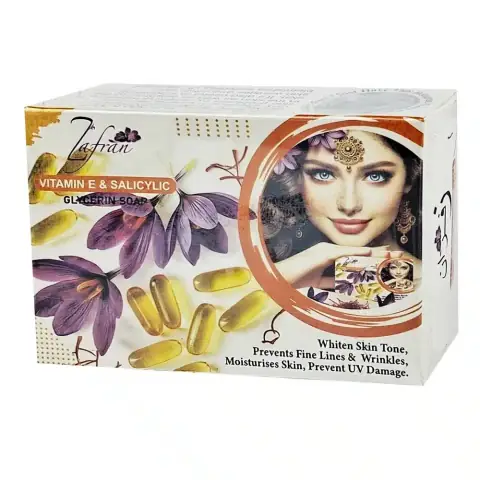 Zafran Vitamin E Salicylic Glycerin 100gm soap bar, light green, with its branded white box.
