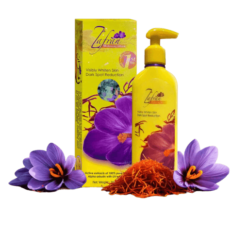 Zafran Body Skin Therapy Lotion in a white pump bottle, displaying orange brand label clearly.